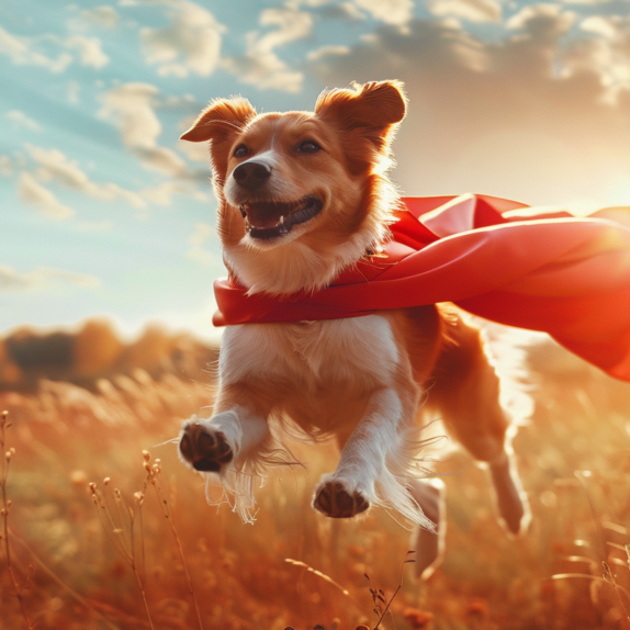a superhero dog running through a sunny field while wearing a red cape